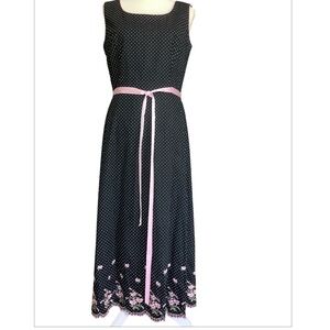 Coldwater Creek Black/Pink Polka Dot Eyelet Embroidered Hem Maxi Dress Size 10